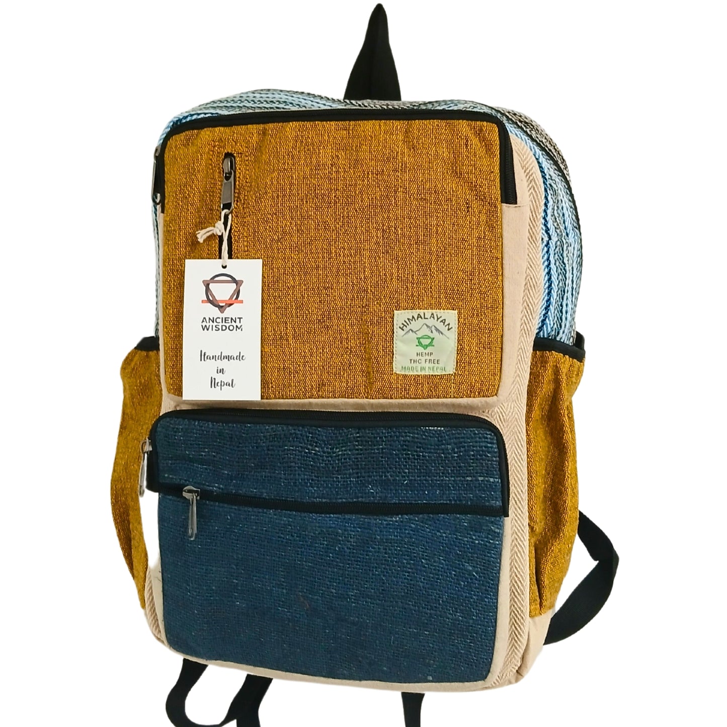 Large Square Shaped Hemp Backpack - Teal and Turmeric