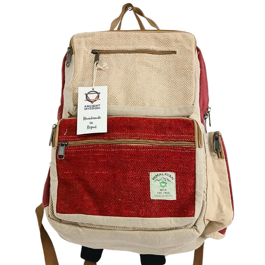 Large Square Shaped Hemp Backpack - Wine and Cream