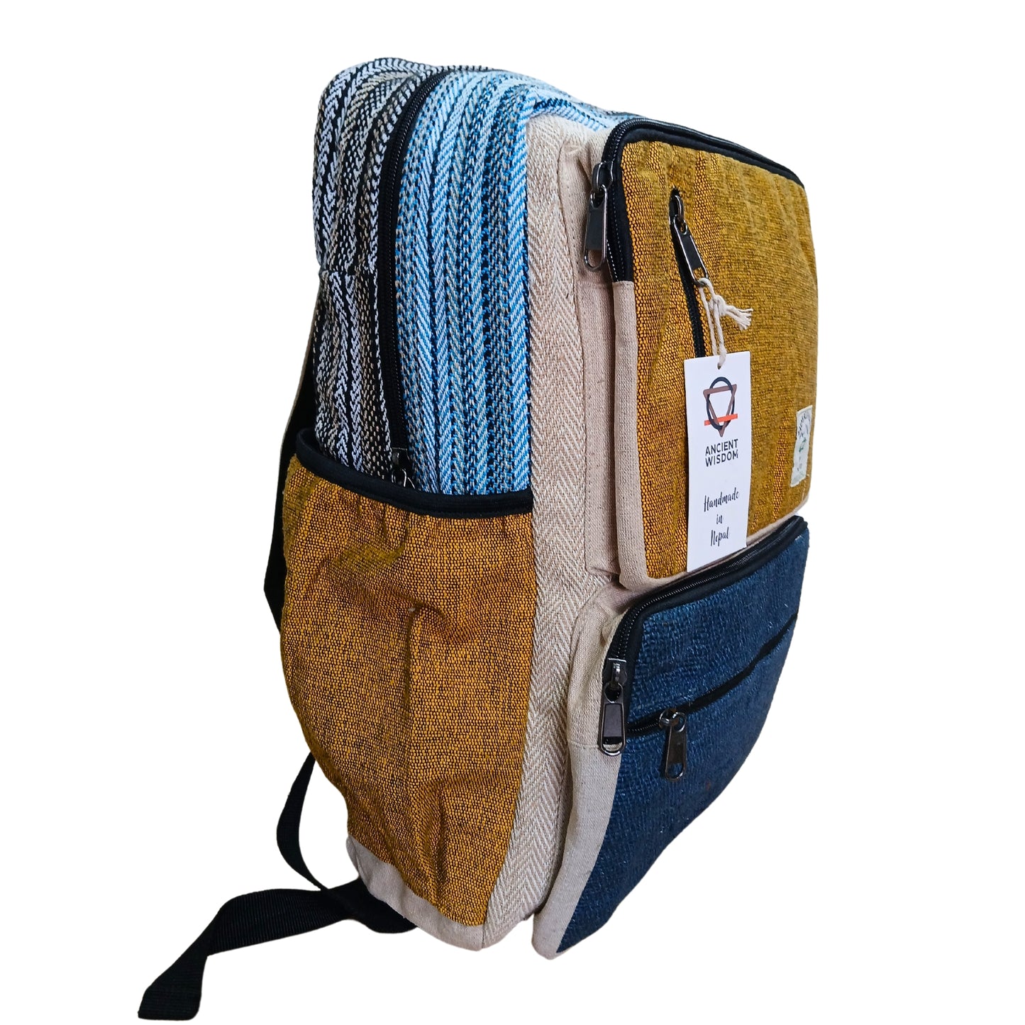 Large Square Shaped Hemp Backpack - Teal and Turmeric