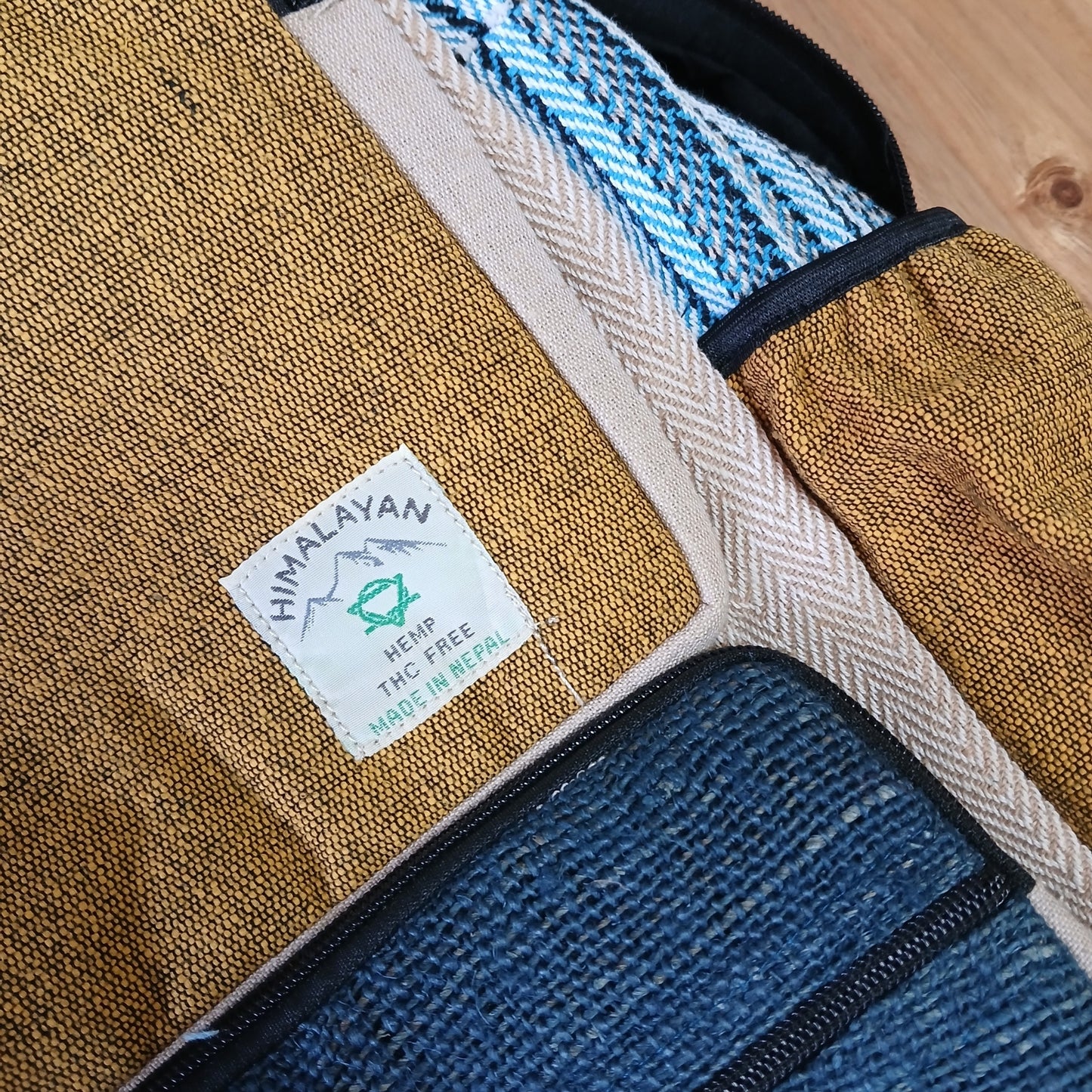 Large Square Shaped Hemp Backpack - Teal and Turmeric